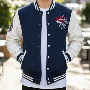 Vantage Binghamton Rumble Ponies Varsity Bomber Jacket Mens Navy Blue Cream MD